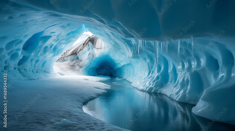 Fototapeta premium Glistening blue ice cave with still water and icicles glacier