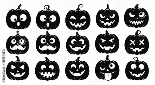 Halloween Pumpkin Faces Vector Set - Black Silhouettes of Spooky & Funny Jack-o'-Lanterns for Holiday Design Assets