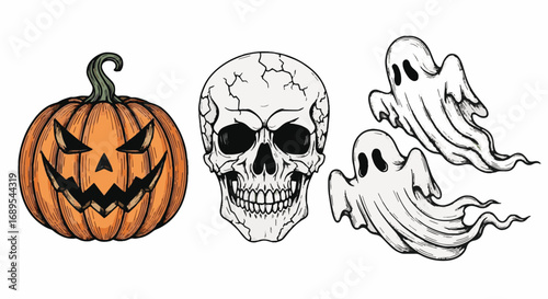 Halloween Spooky Assets Set: Jack-o'-Lantern, Skull, and Ghosts for Creepy Holiday Design and Decoration