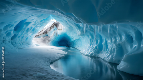 Glistening blue ice cave with still water and icicles glacier