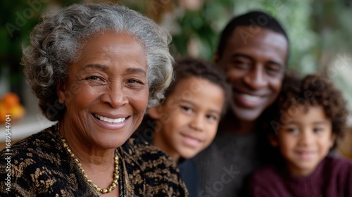 intergenerational family bonding, african american family cherishing their history, with grandmother sharing vintage photos and family stories in a warm, golden-lit living room