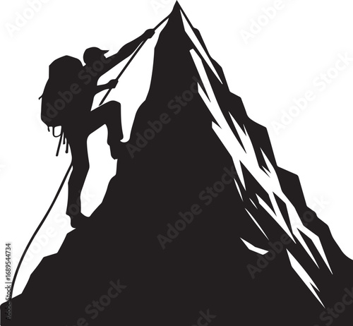 Silhouette of a climber reaching the summit of a steep mountain