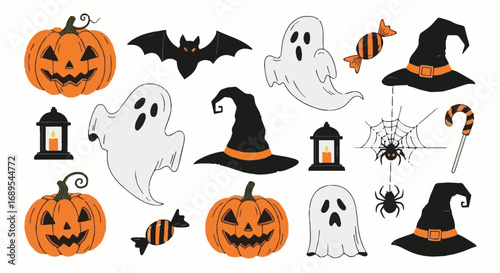 Halloween vector assets collection. Spooky jack-o'-lanterns, ghosts, witch hats, bats, spiders, candy, and lanterns. Holiday design elements.