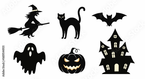 Halloween Silhouettes Vector Set: Spooky Witch, Black Cat, Jack-o'-lantern, Ghost, Haunted House, Bat Icons. Festive Assets.