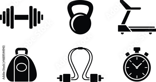 Fitness icons set including dumbbell, kettlebell, treadmill, weighted vest, jump rope, stopwatch, gym equipment, exercise gear, workout essentials, training tools.