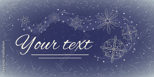 Christmas card wide, with a deep blue background decorated with snowflakes in a gust of wind and graceful frost. Template for winter cards, packaging and decorative elements.