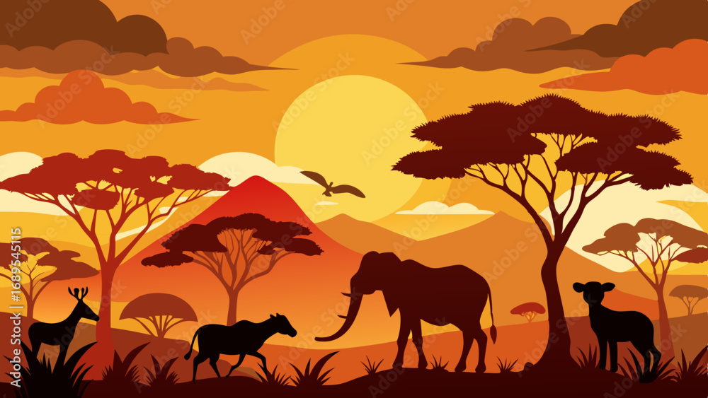 Fototapeta premium african safari animal silhouette landscape scene