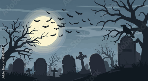 Spooky Halloween Graveyard Scene at Night with Full Moon, Flying Bats, Bare Trees, and Old Tombstones Vector Illustration