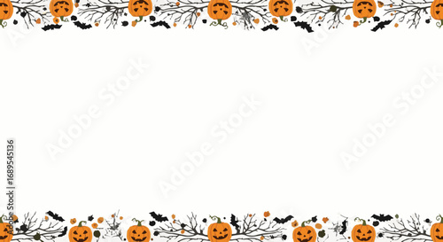 Spooky Halloween border with smiling pumpkins, bats, and tree branches. Festive autumnal frame for seasonal designs, parties, and events.