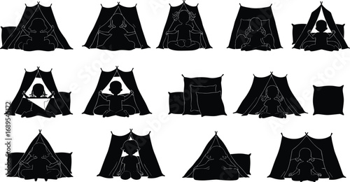 Silhouettes of children inside indoor tents, kids reading books, quiet playtime, pillows, camping fun, cozy room, childhood activity, imagination