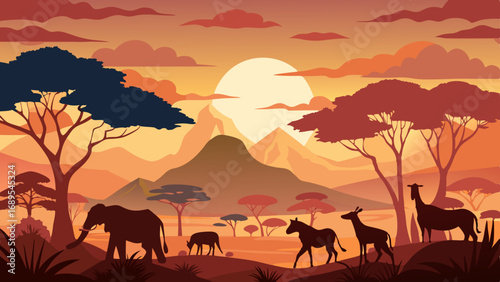 african safari animal silhouette landscape scene