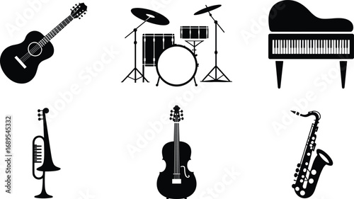 Musical instrument icons collection including guitar, piano, drum, violin, trumpet, saxophone, perfect for music design, education, vector art.