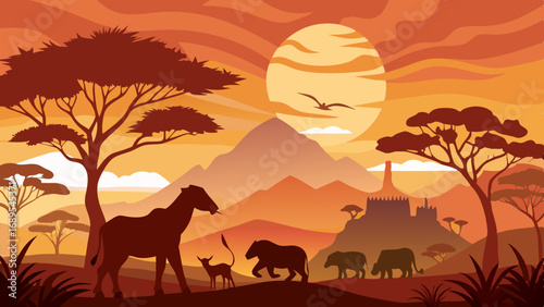 african safari animal silhouette landscape scene