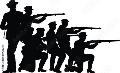 Silhouette of seven armed soldiers, military combat poses, rifle aiming and tactical stances, army training illustration, black vector art, CAD drawing flat vector illustration