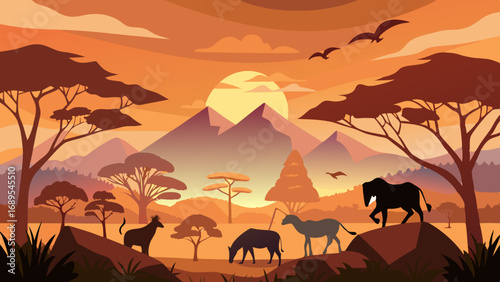 african safari animal silhouette landscape scene