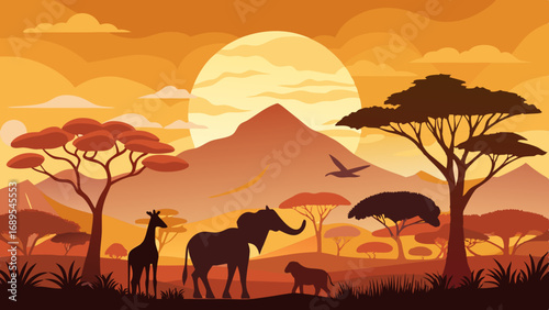 african safari animal silhouette landscape scene