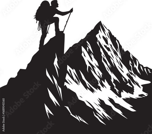 Silhouette of a hiker reaching the summit of a majestic mountain peak