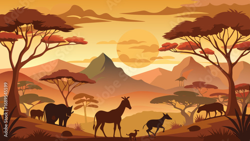 african safari animal silhouette landscape scene