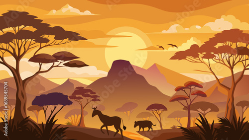 african safari animal silhouette landscape scene