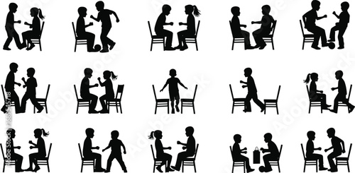Silhouettes of children playing indoor games with chairs and ball, kids active play, fun interaction, childhood games, teamwork, 