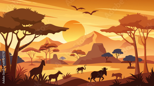 african safari animal silhouette landscape scene