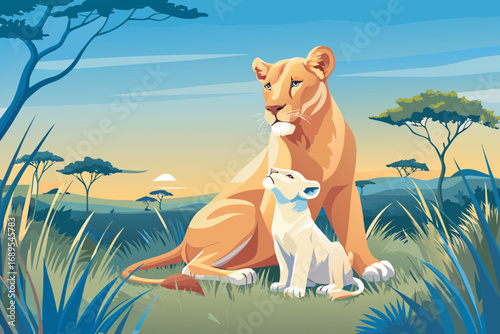 Lioness gently licking her cub, golden sunset in savanna, atmosphere of care