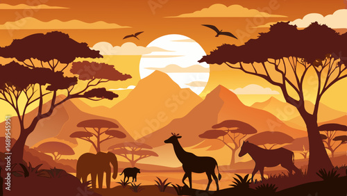 african safari animal silhouette landscape scene
