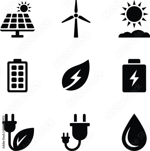 Renewable energy icons including solar panel, wind turbine, sun, battery, eco leaf, electric plug, green energy, clean power, sustainability.