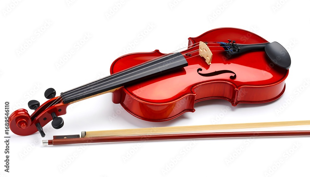 Fototapeta premium Red violin and bow on white background (3)