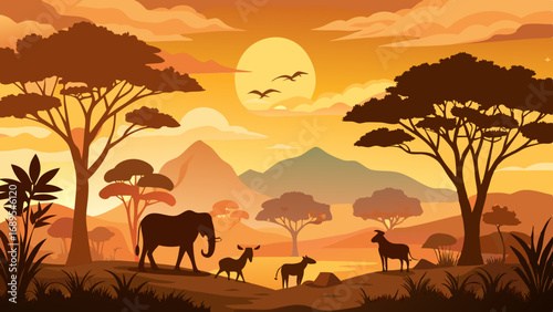 african safari animal silhouette landscape scene