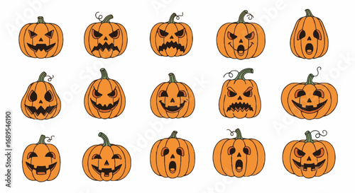 Assets for Halloween: Spooky Jack-o'-lantern Pumpkins Vector Set with Scary Faces and Diverse Expressions, Cartoon Illustration on White
