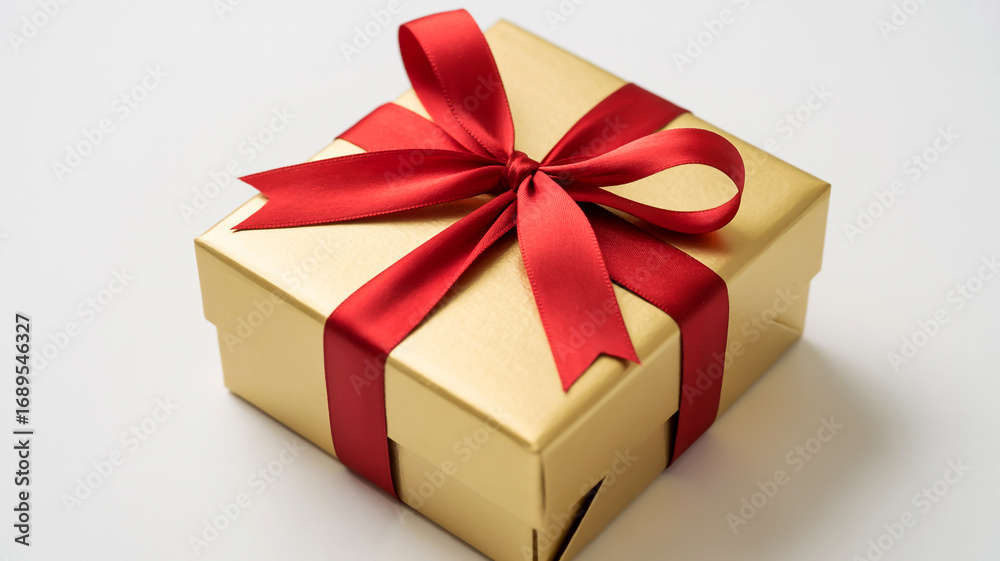 Obraz premium Gold gift box with red ribbon and bow on a white background present golden