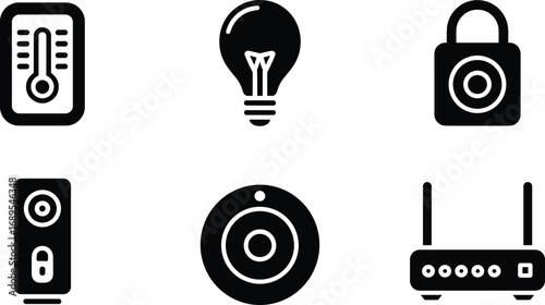 Smart home icons vector, thermostat, light bulb, security lock, camera, router, automation technology, wireless control, internet, modern house system