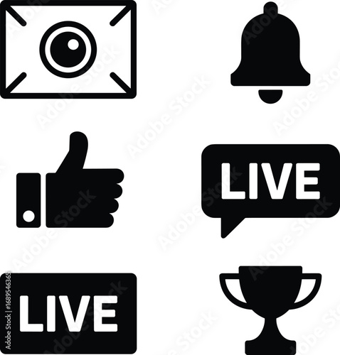 Social media icons vector, live streaming, video, notification, like, subscribe, bell, comment, trophy, digital interaction, communication, online
