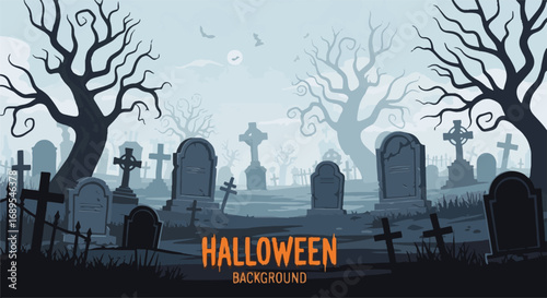 Spooky Halloween Graveyard Background with Eerie Tombs, Old Crosses, and Bare Trees in a Misty, Atmospheric Cemetery Scene