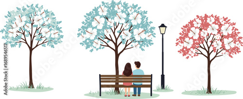 Romantic couple sitting on park bench, beautiful hibiscus flower trees, street lamp decoration, peaceful outdoor nature scene, relaxing garden illustration