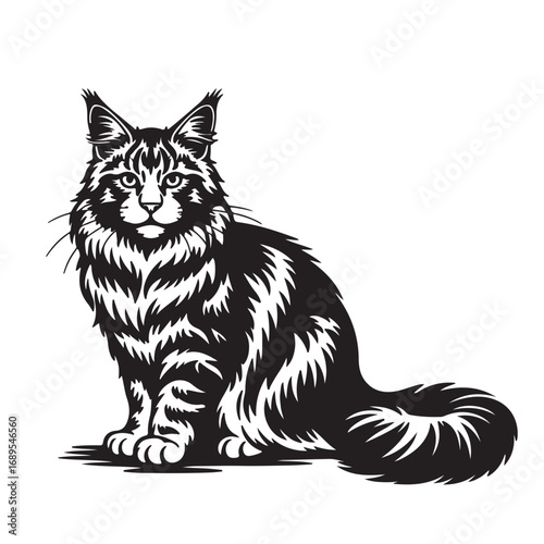 Black and white illustration of fluffy long haired cat sitting