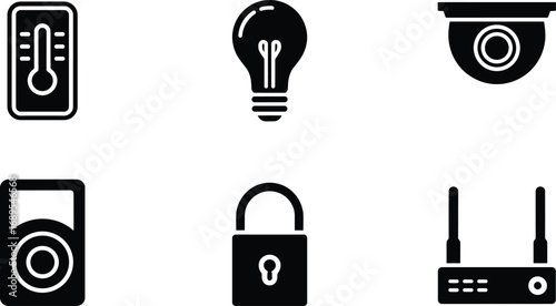 Technology icons set including thermometer, light bulb, security camera, speaker, padlock, wireless router, smart home devices, modern electronics, digital security, communication.