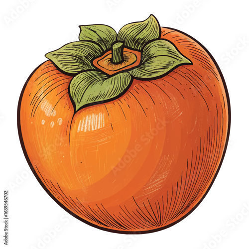 Vibrant Hand-Drawn Illustration of a Ripe Persimmon Fruit, Vintage Style, Autumnal Mood