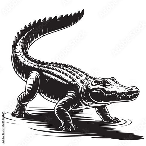 Black and white illustration of crocodile standing in water
