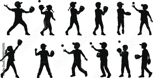 Silhouettes of children playing baseball, kids throwing and catching ball, outdoor sports activity, youth teamwork, baseball gloves, active children, childhood fun