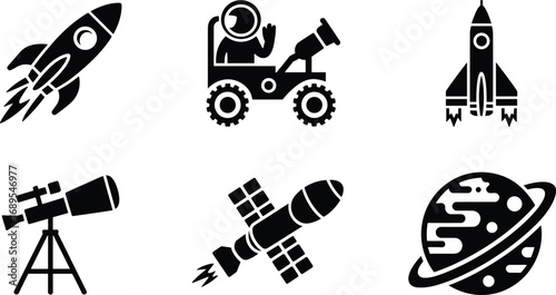 Space exploration icons set including rocket ship, astronaut rover, space shuttle, telescope, satellite, and planet with ring symbols.