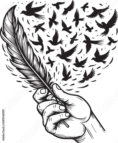 Hand holding a quill pen releasing a flock of birds into the sky