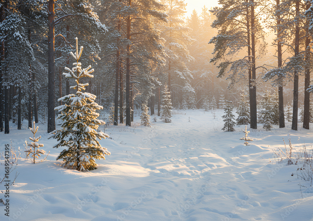 Obraz premium Snow covered trees in winter landscape during sunny day, creating winter landscape scene. Detailed winter landscape features fresh snow and evergreen trees in sunlight.