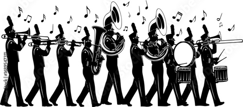 Marching band playing instruments Silhouette vector illustration