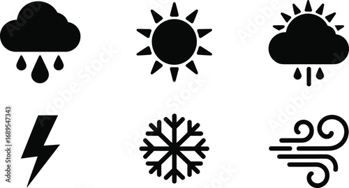 Weather icons vector, sun, rain, cloud, snowflake, wind, lightning, climate, forecast, storm, temperature, nature, atmosphere, seasons, sky, environment