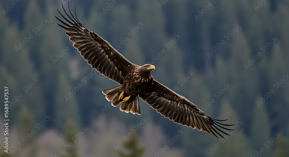 Obraz premium Majestic Golden Eagle in Flight Over Forest.