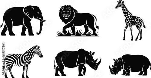 Wildlife animal silhouettes, African safari icons including elephant, lion, giraffe, zebra, rhinoceros, jungle animals, nature, wildlife conservation, exotic animals, safari adventure.