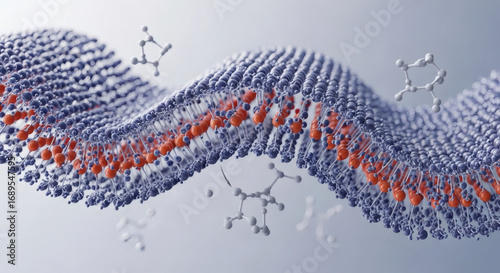 Abstract representation of a wavy biological membrane structure with molecules interacting on its surface, illustrating scientific concepts and molecular dynamics.