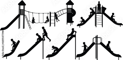 Silhouettes of kids playing on playground slides, children climbing, sliding down, outdoor fun, active kids, playground equipment, healthy lifestyle